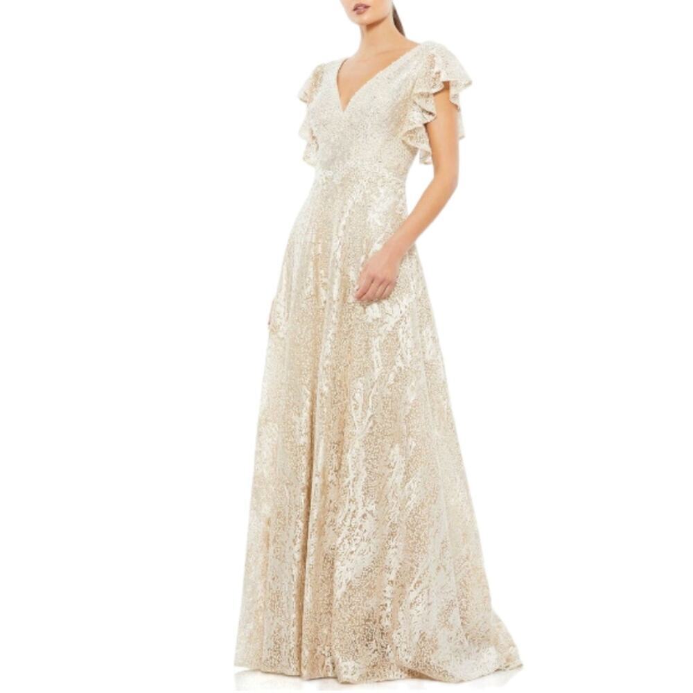 Mac Duggal Flutter Sleeve V-Neck Gown Ivory Nude Formal Maxi Beaded FLAWED